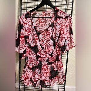 Sheer Floral Wrap Romper in Red and White